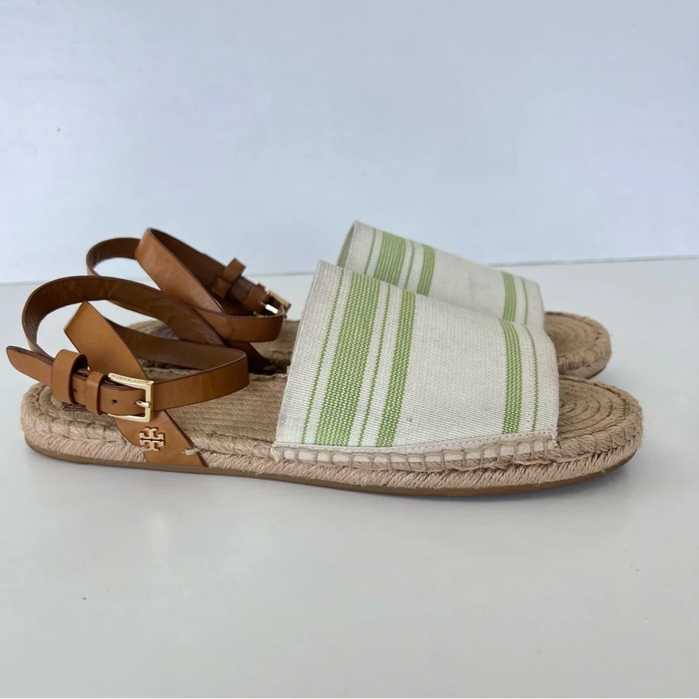 TORY BURCH Green Beige Leather Canvas Buckle Strap Wrap Flat Espadrilles Sz 10.5